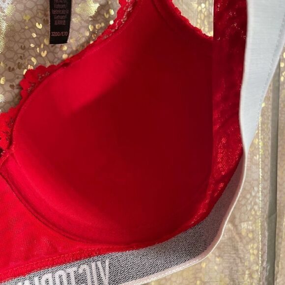 Victorias Secret Bright Red Lace T Shirt Push Up Bra Full Coverage Bra 32DD - Picture 5 of 6